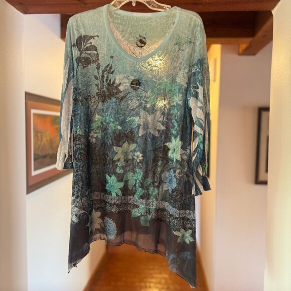Gorgeous hand-made turquoise 3/4 sleeve v-neck XL tunic - Picture 1 of 3